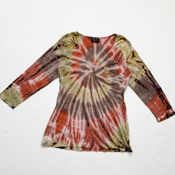 Tryst Tie Dye Boho Hippie Ribbed Top, Size Large - Picture 1 of 6